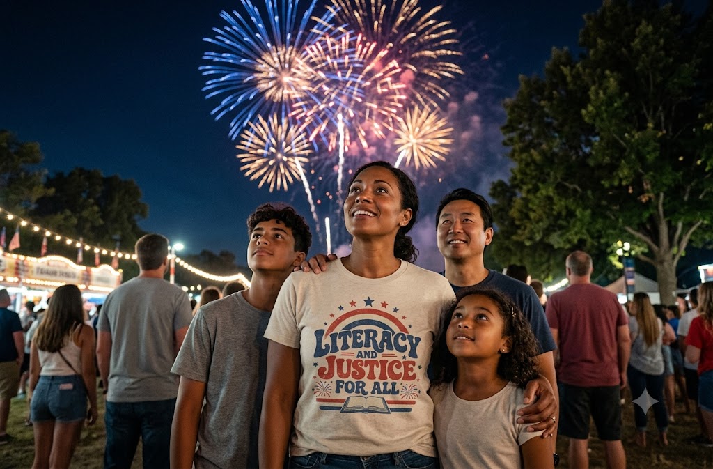 4th of July "Literacy and Justice for All" Retro Education Tee