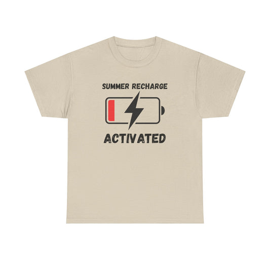 Summer Recharge Activated T-Shirt – Low Battery Battery Icon Graphic Tee for Vacation & Relaxation